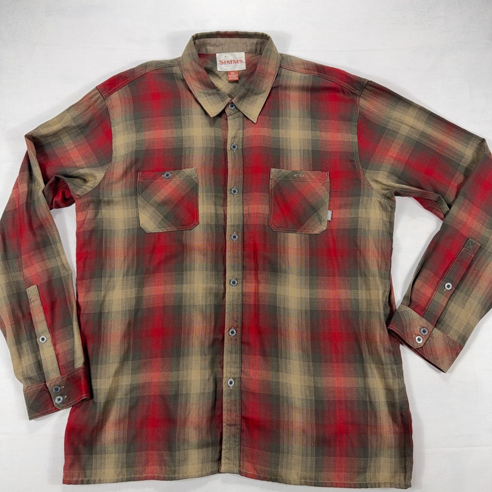Simms Fishing Plaid Flannel Shirt Tencel Blend XXL Red Brown Herringbone Mens